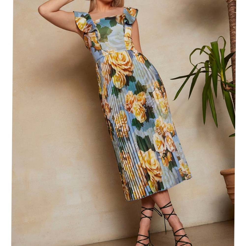 Chi Chi London Blue Floral Print Ruffle Pleated Midi Dress Size 16